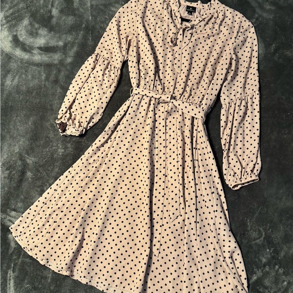 Worthington Beige Polka Dot Long Sleeve Dress